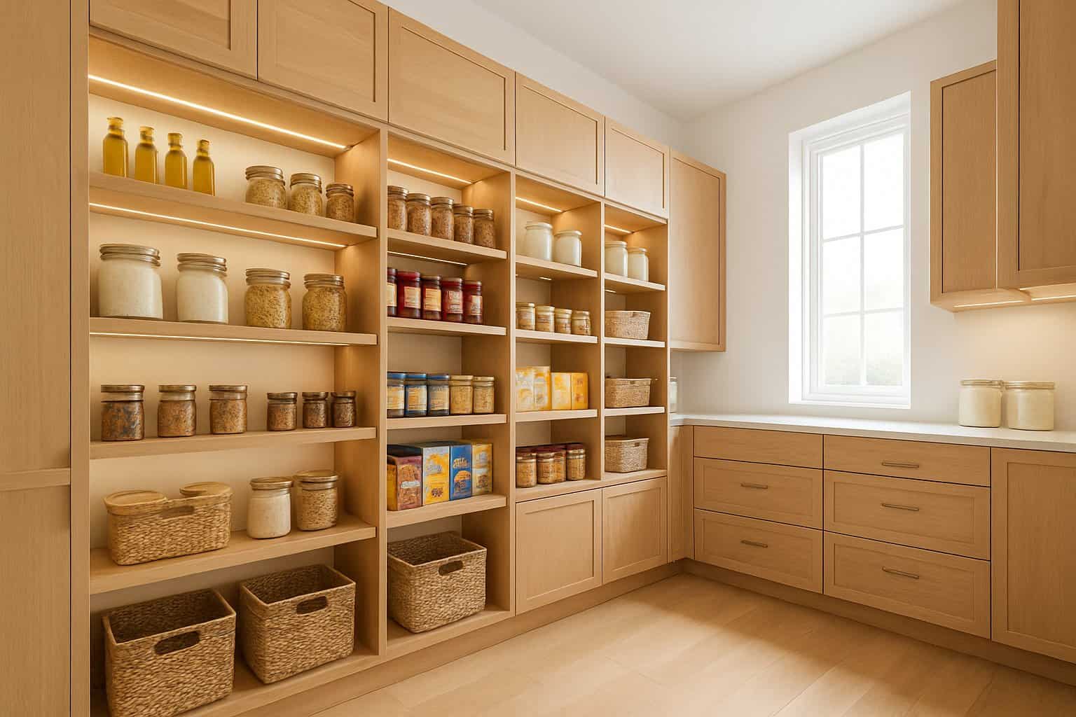 Walk-In Pantry Cabinet Solutions: Maximizing Storage and Organization in Modern Kitchens 1 A walk-in pantry with wooden cabinets and shelves neatly organized with food containers and baskets.
