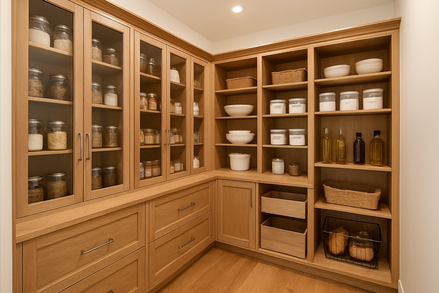 Walk-In Pantry Cabinet Solutions: Maximizing Storage and Organization in Modern Kitchens 2 A spacious walk-in pantry with wooden cabinets, shelves filled with jars and containers, and organized kitchen storage.
