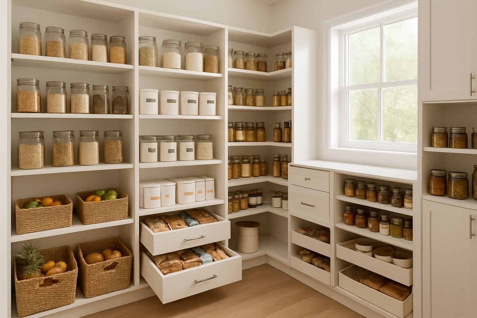 Walk-In Pantry Cabinet Solutions: Maximizing Storage and Organization in Modern Kitchens 3 A walk-in pantry with organized shelves and cabinets filled with jars, containers, baskets, and kitchen supplies.