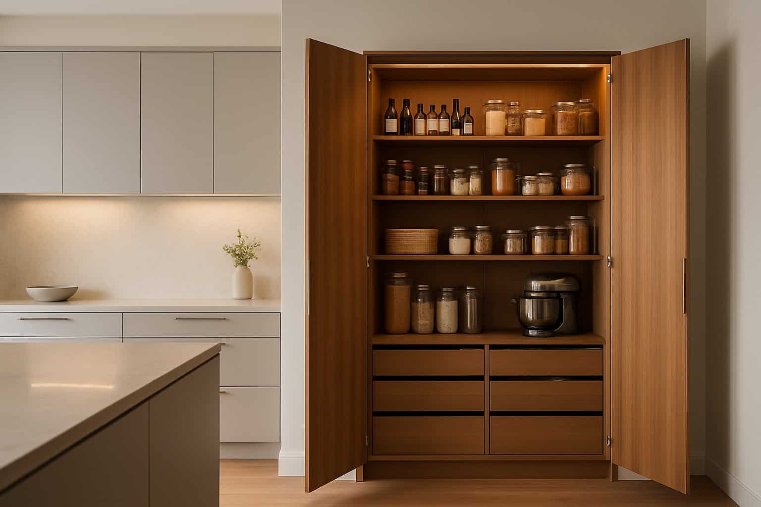 Walk-In Pantry Cabinet Solutions: Maximizing Storage and Organization in Modern Kitchens 4 A modern kitchen with a spacious walk-in pantry featuring organized shelves and luxury cabinets.
