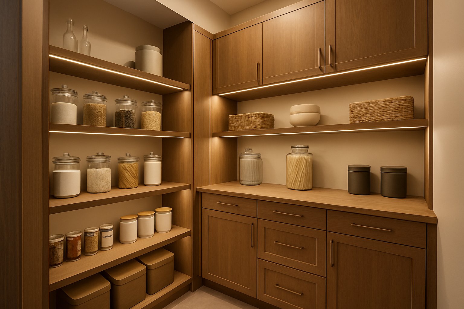 Walk-In Pantry Cabinet Solutions: Maximizing Storage and Organization in Modern Kitchens 5 A walk-in pantry with wooden cabinets, shelves filled with jars and containers, and built-in lighting illuminating the organized storage space.