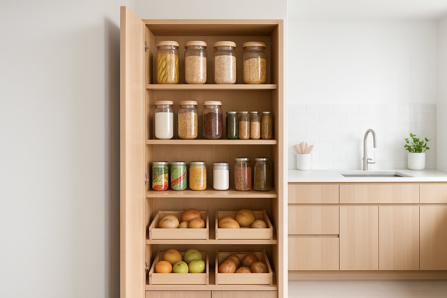 Walk-In Pantry Cabinet Solutions: Maximizing Storage and Organization in Modern Kitchens 6 Open walk-in pantry cabinet with organized shelves filled with jars, canned goods, and fresh produce in a modern kitchen.