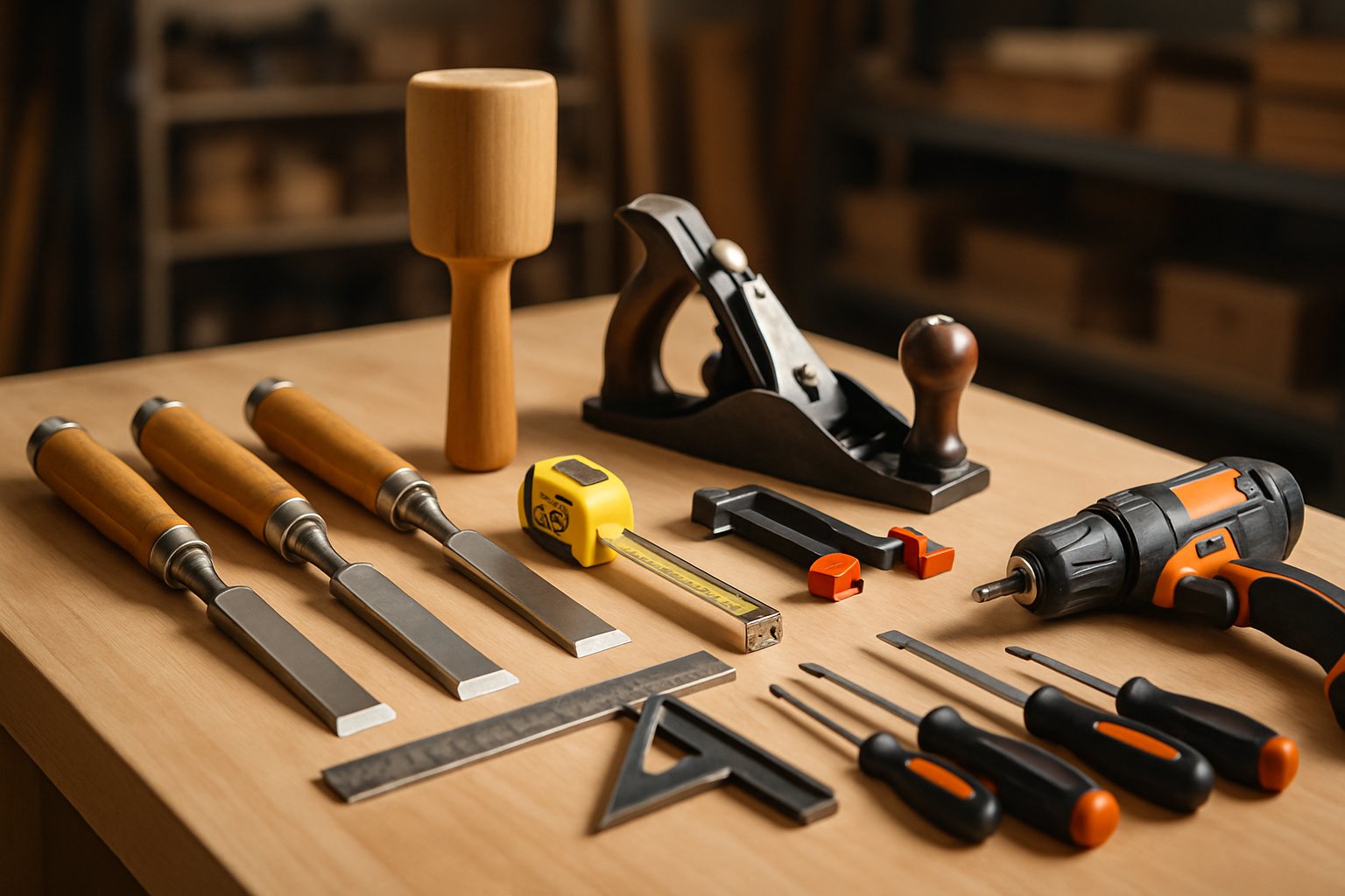 Cabinet Making Tools List: Essential Equipment for Professional Woodworking Projects 6 A collection of cabinet making tools arranged neatly on a wooden workbench in a woodworking shop.