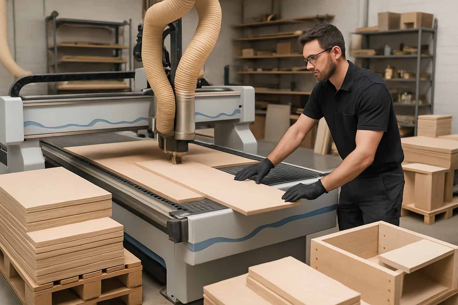 CNC Cabinet Making Services: Precision Manufacturing for Custom Kitchen and Storage Solutions 1 A technician operating a CNC machine cutting wooden panels in a clean cabinet making workshop.