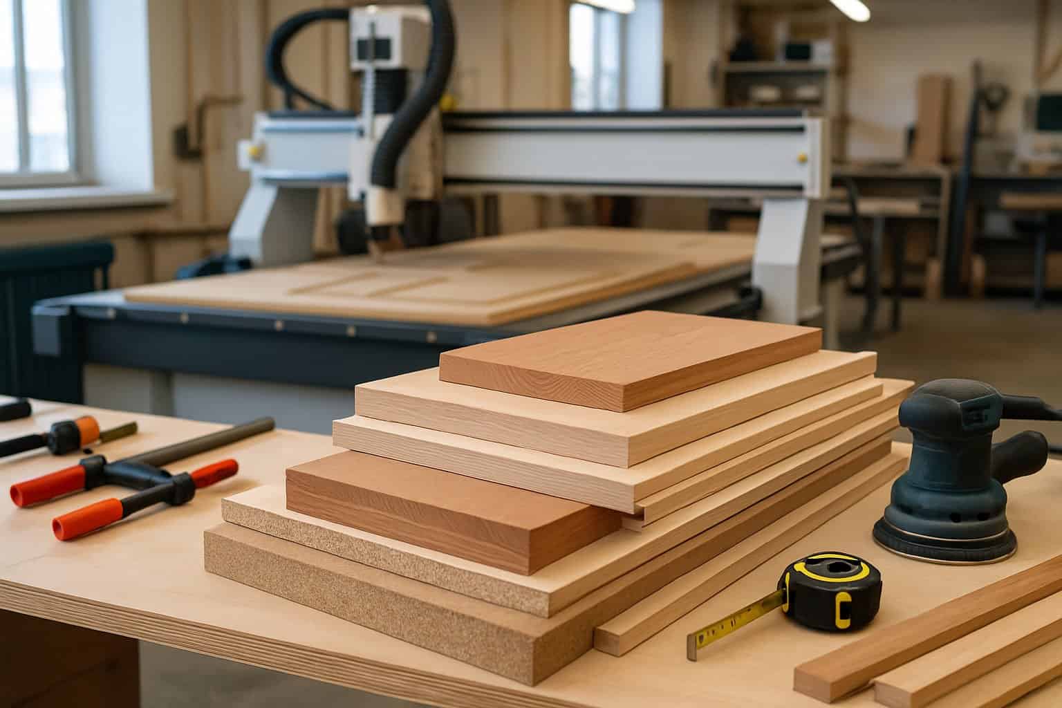 CNC Cabinet Making Services: Precision Manufacturing for Custom Kitchen and Storage Solutions 2 A workshop with various wood materials and a CNC machine cutting cabinet parts on a workbench.