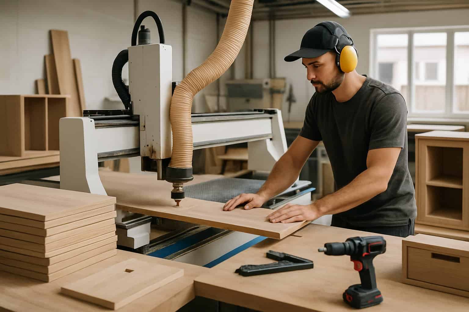 CNC Cabinet Making Services: Precision Manufacturing for Custom Kitchen and Storage Solutions 3 A craftsman operating a CNC machine in a woodworking workshop with wooden cabinet parts and tools around.
