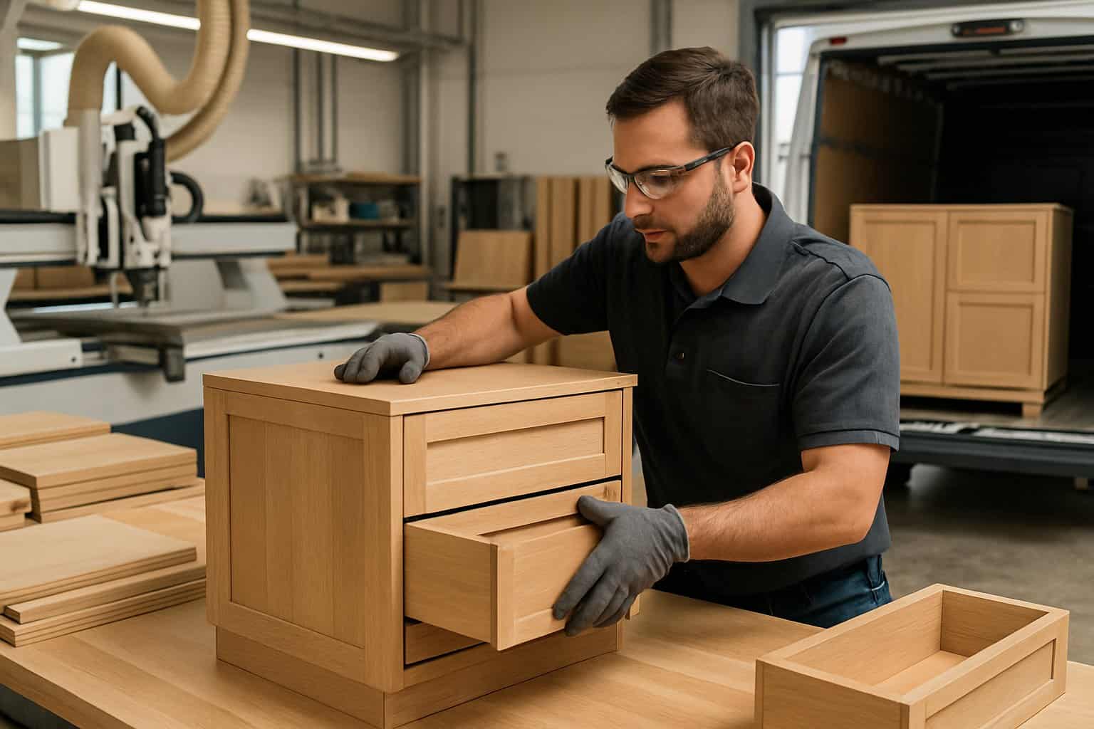 CNC Cabinet Making Services: Precision Manufacturing for Custom Kitchen and Storage Solutions 4 A worker assembling wooden cabinets in a workshop with CNC machines and a delivery truck being loaded with cabinets.