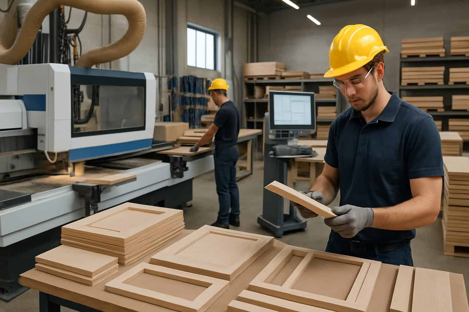 CNC Cabinet Making Services: Precision Manufacturing for Custom Kitchen and Storage Solutions 5 A workshop with CNC machines cutting wooden cabinet parts and technicians working among wooden panels and tools.