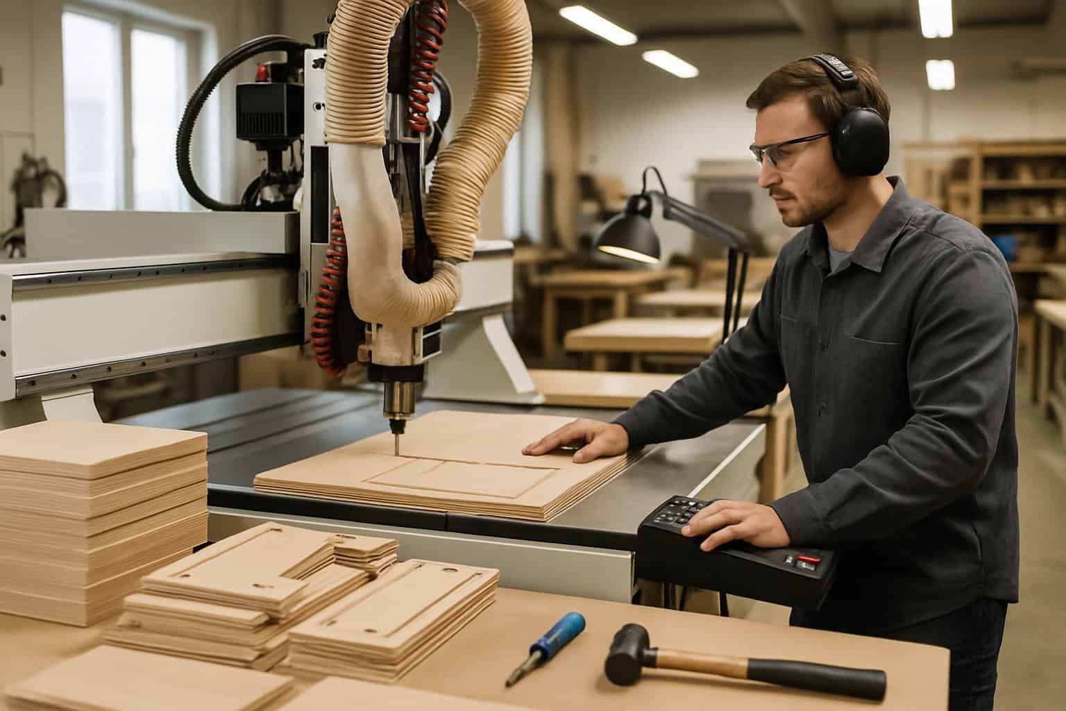 CNC Cabinet Making Services: Precision Manufacturing for Custom Kitchen and Storage Solutions 6 A craftsman operating a CNC machine in a woodworking workshop with wooden cabinet parts and tools around.